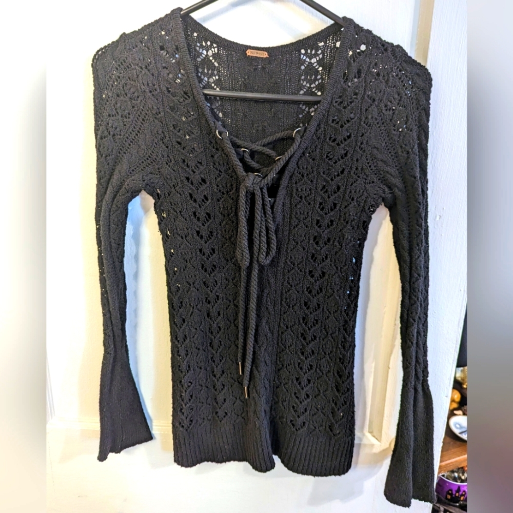 Free People Laced-up Black Knit Sweater
